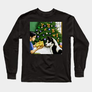 A Boy and His Dog Opening Christmas Present Long Sleeve T-Shirt